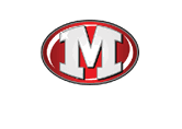 A bold white letter M with a slight shadow is centered inside a red oval with a black outline and a small white star sparkle on the upper left side of the letter. Descripci n generada con IA