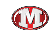 A bold white letter M with a shiny star accent is centered inside a red oval with a black and white border. Descripci n generada con IA