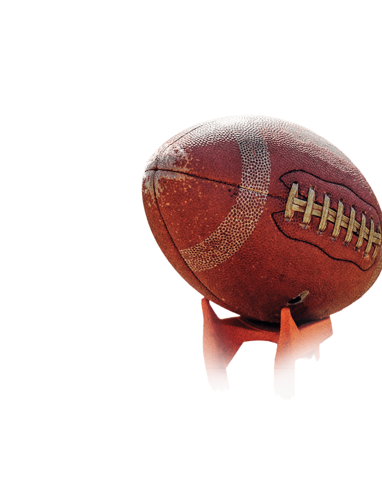 A textured football resting on a stand with a bold vertical banner reading GAMEDAY in red letters on a black and white background against a red backdrop. Descripci n generada con IA