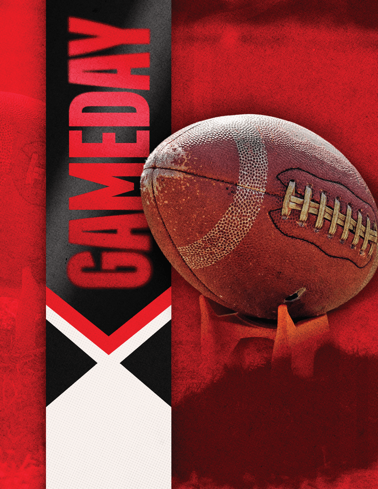 A textured football resting on a stand with a bold vertical banner reading GAMEDAY in red letters on a black and white background against a red backdrop. Descripci n generada con IA
