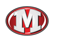 A bold white letter M with a slight shadow effect is centered inside a red oval with a black and white outline. Descripci n generada con IA