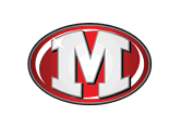 A bold white letter M with a slight shadow is centered inside a red oval with a black and gray outline. Descripci n generada con IA