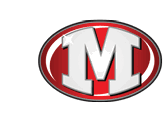 A bold white letter M with a shiny star accent is centered inside a red oval with a black and white border. Descripci n generada con IA