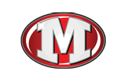 A bold white letter M with a shiny star accent is centered inside a red oval with a black and white border. Descripci n generada con IA