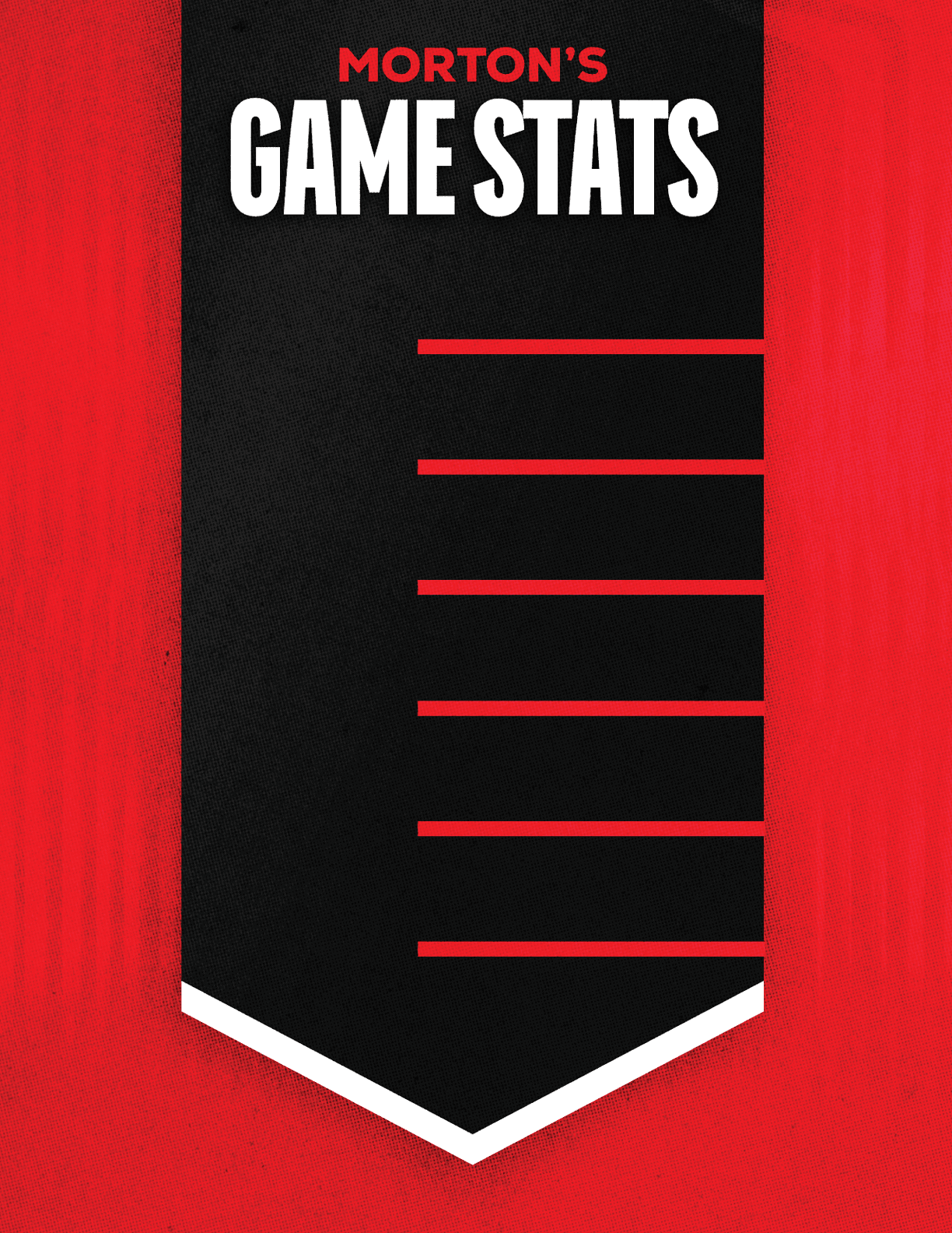 A black and red sports jersey with the text Morton's Game Stats at the top and red horizontal lines below for listing statistics. Descripci n generada con IA