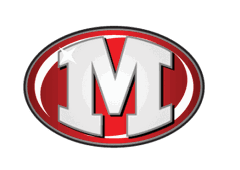 A bold white letter M with a slight shadow effect is centered inside a red oval with a black and white outline. Descripci n generada con IA