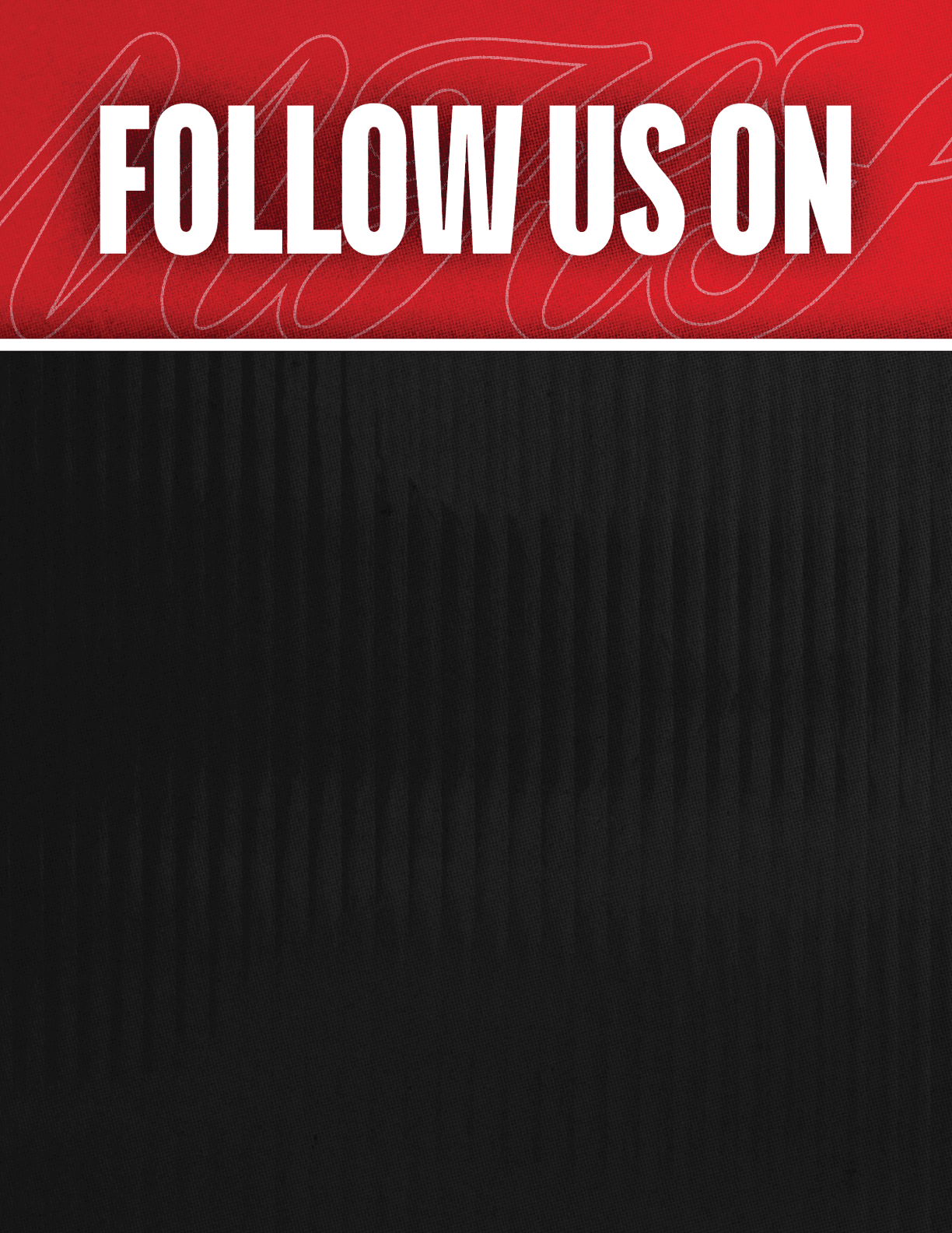 A black and red sign that says Follow Us On. Description generated by AI
