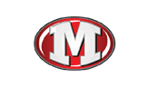 A bold white letter M with a slight shadow is centered inside a red oval with a black outline and a small white star-like sparkle on the upper left side of the letter. Descripci n generada con IA
