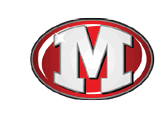 A bold white letter M with a shiny star accent is centered inside a red oval with a black and white border. Descripci n generada con IA