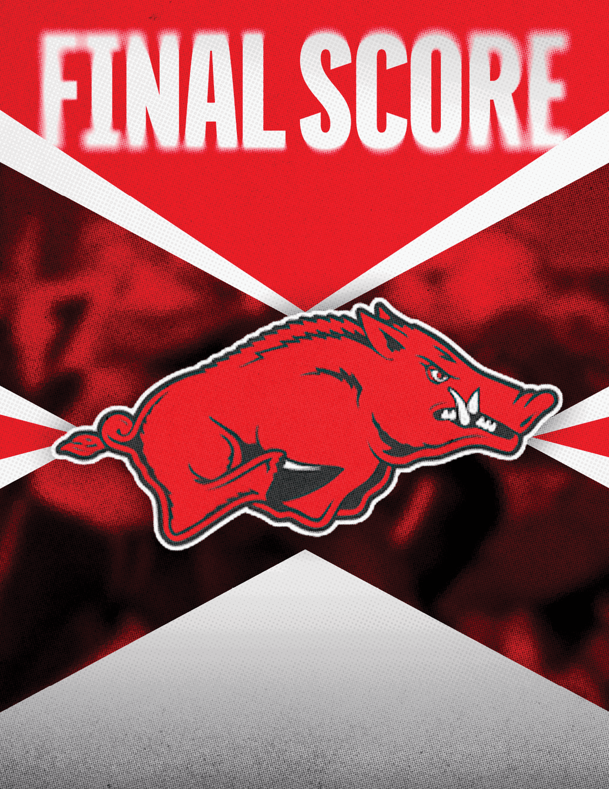 A graphic with bold white text reading “FINAL SCORE" above a stylized red razorback hog mascot on a red and white geometric background. Descripci n generada con IA