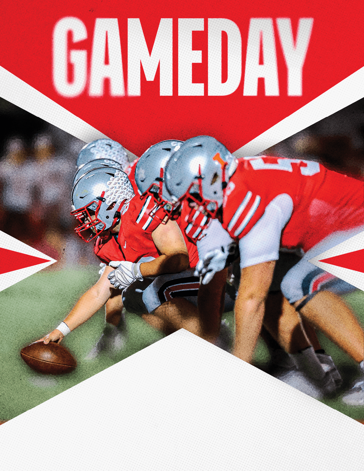 A group of football players in red and white uniforms and silver helmets are lined up on the field in a ready stance with one player holding a football, with the word GAMEDAY in bold white letters on a red background above them. Descripci n generada con IA