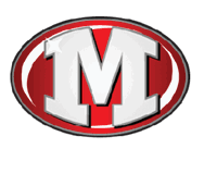 A bold white letter M with a black outline is centered inside a red oval with a black border and white accents. Descripci n generada con IA