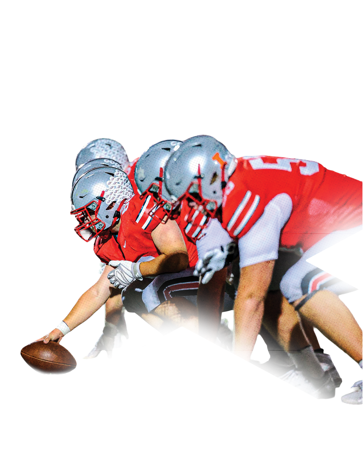 A group of football players in red jerseys and silver helmets are lined up on the field preparing for a play. Descripci n generada con IA