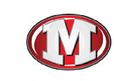 A bold white letter M with a shiny star accent is centered inside a red oval with a black and white border. Descripci n generada con IA