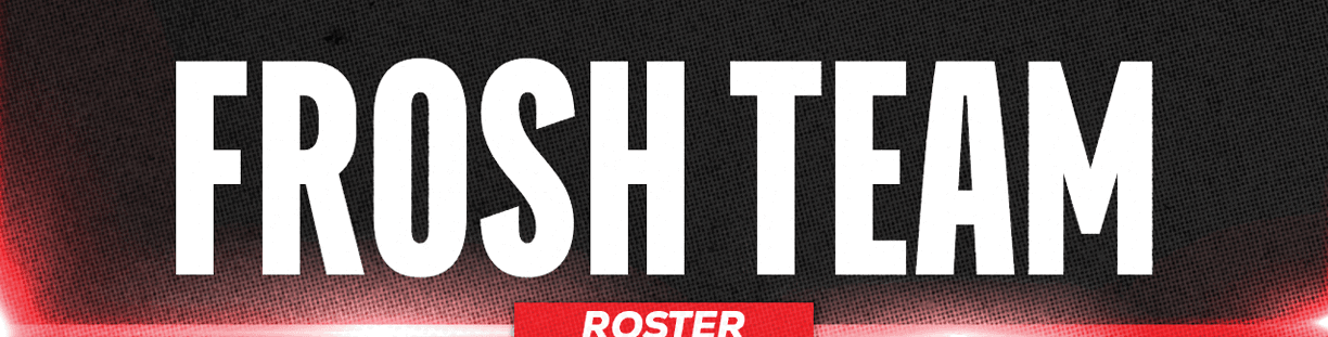 The image displays the bold white text “FROSH TEAM" on a dark background with a red glow underneath. Descripci n generada con IA