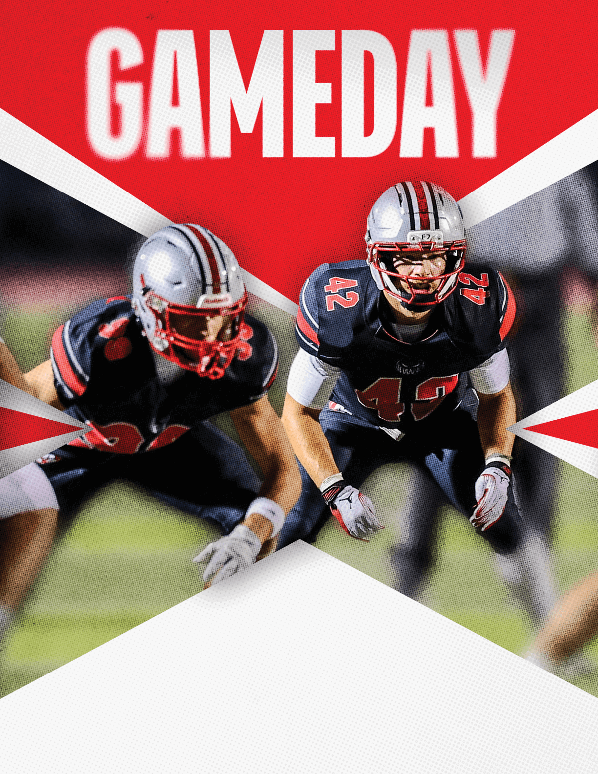Two people in football uniforms and helmets are crouched in ready positions on a field with the word GAMEDAY in bold white letters above them on a red background. Descripci n generada con IA