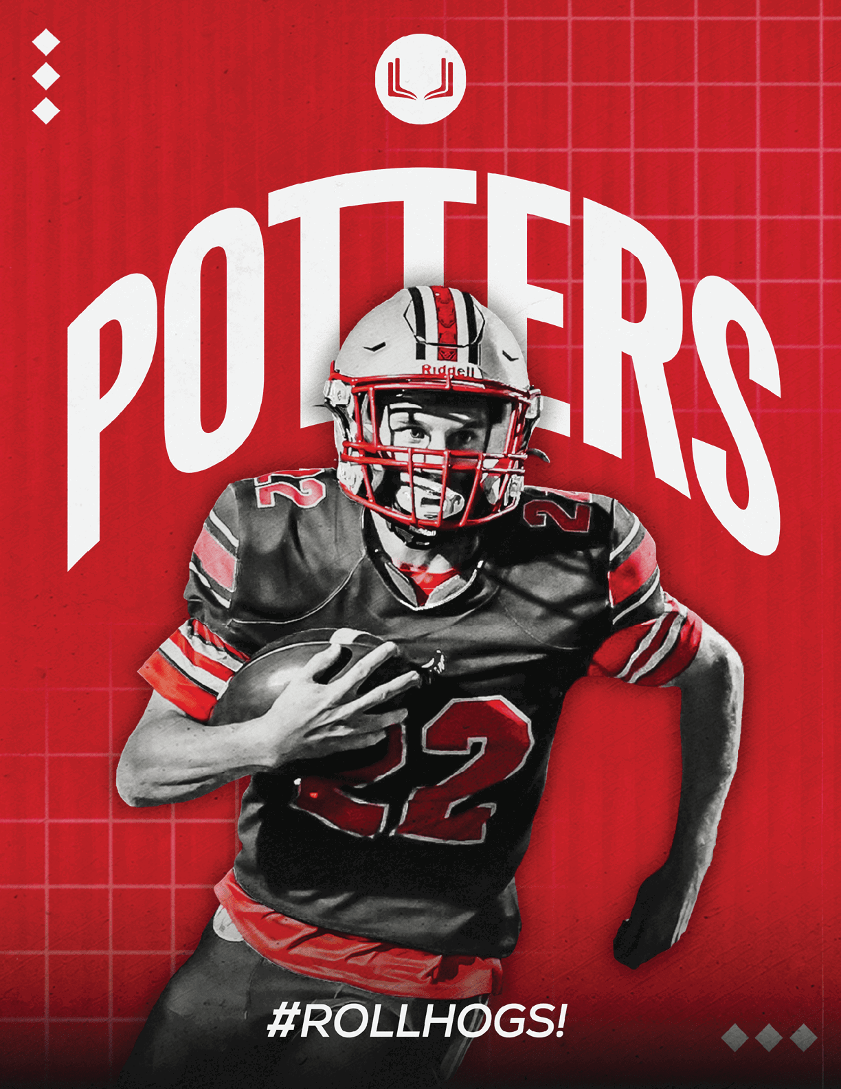 A person in a football uniform holding a football is running against a red background with the word “POTTERS" and the hashtag "#ROLLHOGS!" displayed. Descripci n generada con IA
