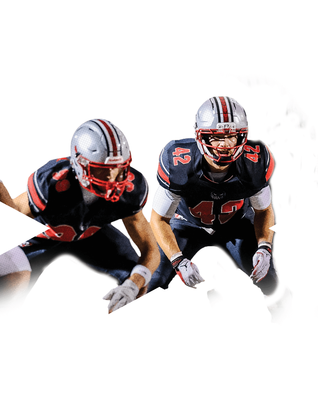 Two people in football uniforms and helmets are crouched in a ready position on a field with a referee standing behind them. Descripci n generada con IA