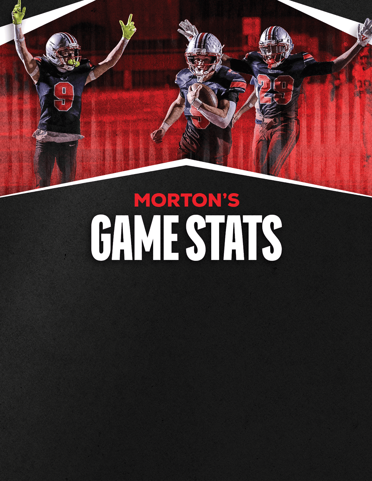 Three people in football uniforms celebrating above bold text that reads Morton's Game Stats on a dark textured background. Descripci n generada con IA