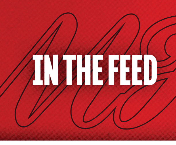 The text “IN THE FEED" is displayed in bold white capital letters on a red background with a faint black cursive design behind it. Descripci n generada con IA