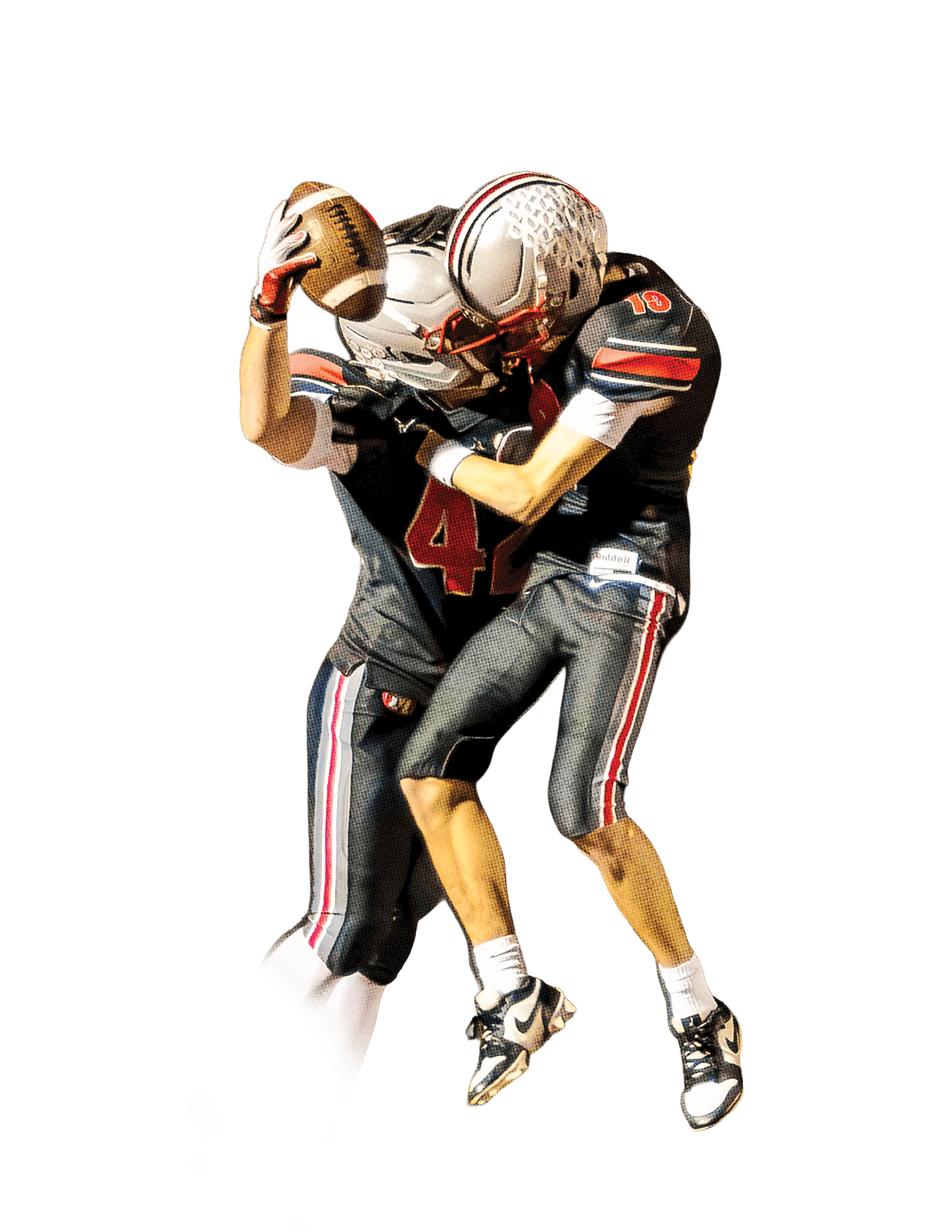 Two people in football uniforms and helmets are jumping and reaching for a football during a nighttime game on a grass field. Descripci n generada con IA