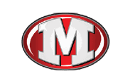 A bold white letter M with a shiny star accent is centered inside a red oval with a black and white border. Descripci n generada con IA