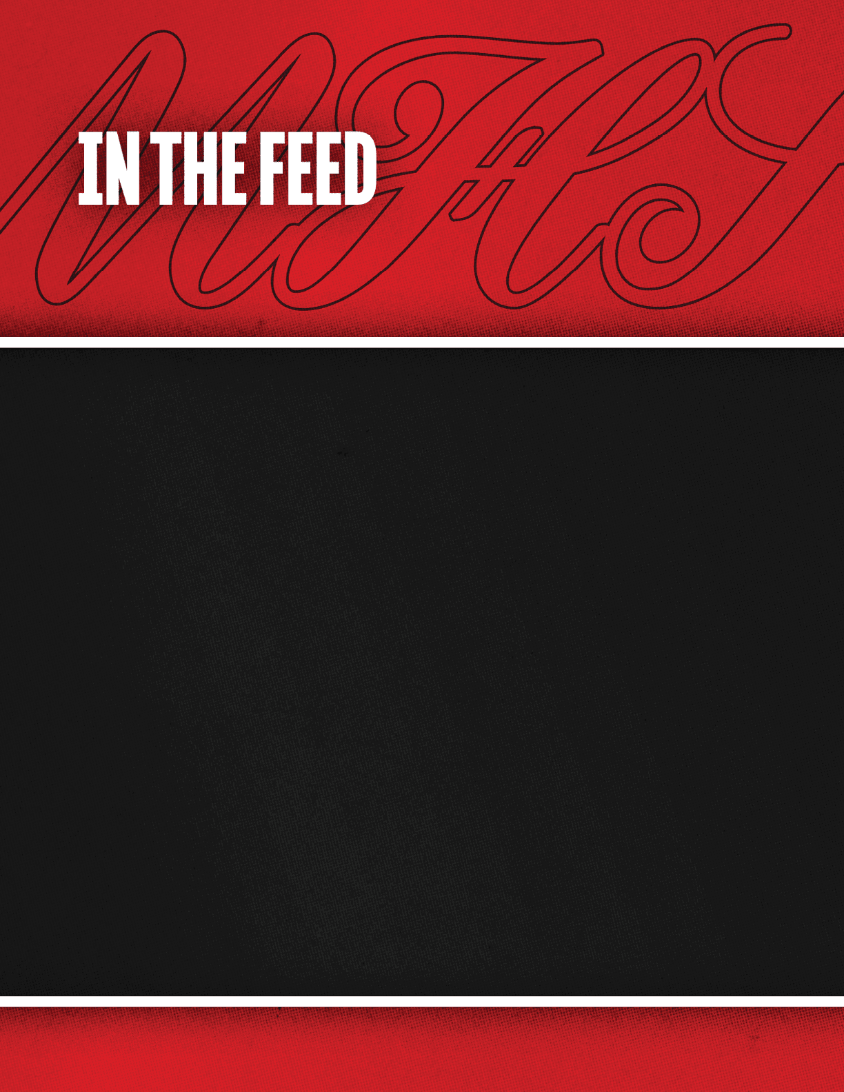 The image features the bold white text “IN THE FEED" on a red background with a subtle black script design behind it and a large black rectangular area below separated by thin white lines. Descripci n generada con IA