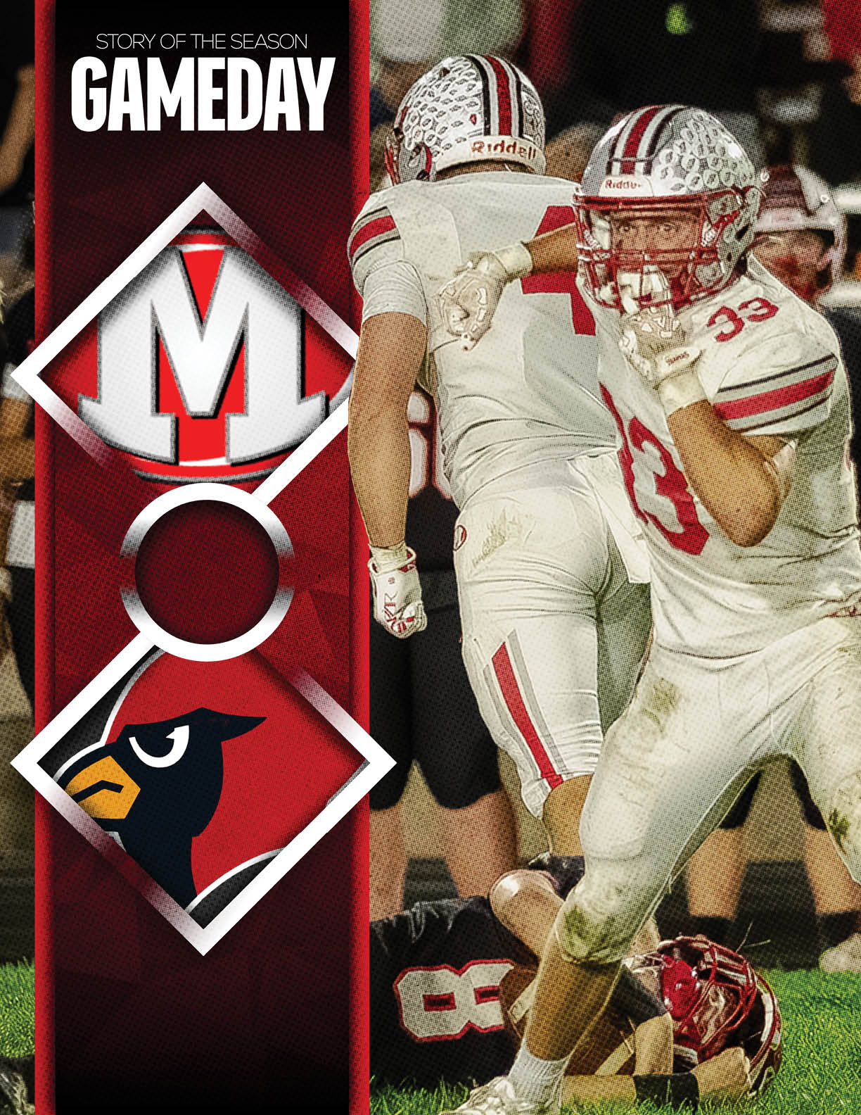 Two football players in white uniforms are on the field with one player running and the other standing, while a player in a black uniform lies on the ground, accompanied by a red vertical banner with sports logos and the word “GAMEDAY." Descripci n generada con IA