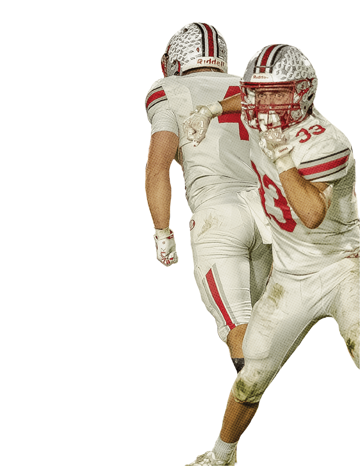 Two people in white football uniforms with red stripes are on a field, one running and the other standing with their back turned. Descripci n generada con IA