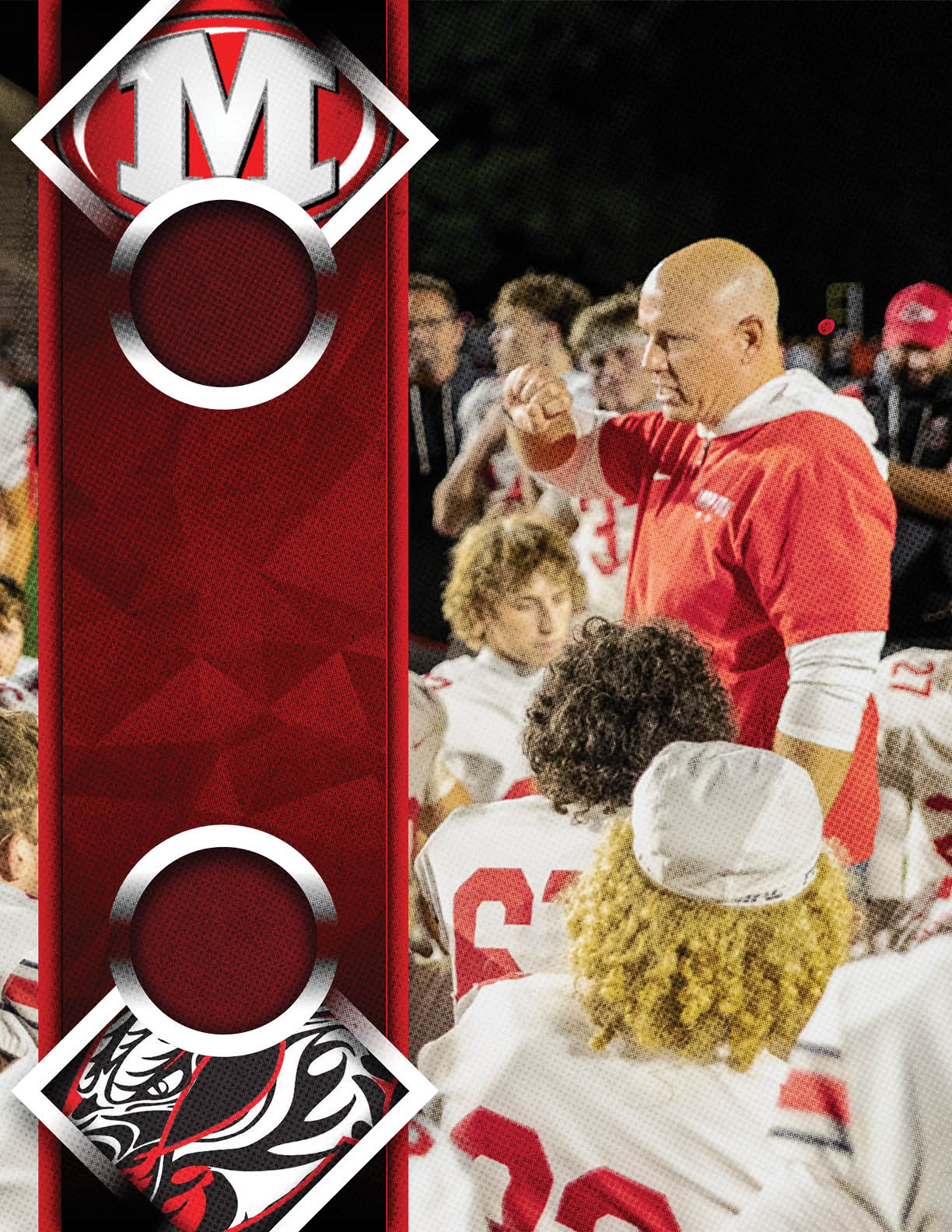 A person in a red shirt appears to be coaching or instructing a group of people wearing white sports uniforms with red numbers during a nighttime outdoor event. Descripci n generada con IA