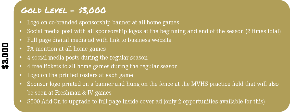 $3,000,Gold Level $3,000,• Logo on co branded sponsorship banner at all home games • Social media post with all spons...