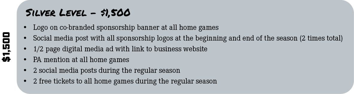 $1,500,Silver Level $1,500,• Logo on co branded sponsorship banner at all home games • Social media post with all spo...