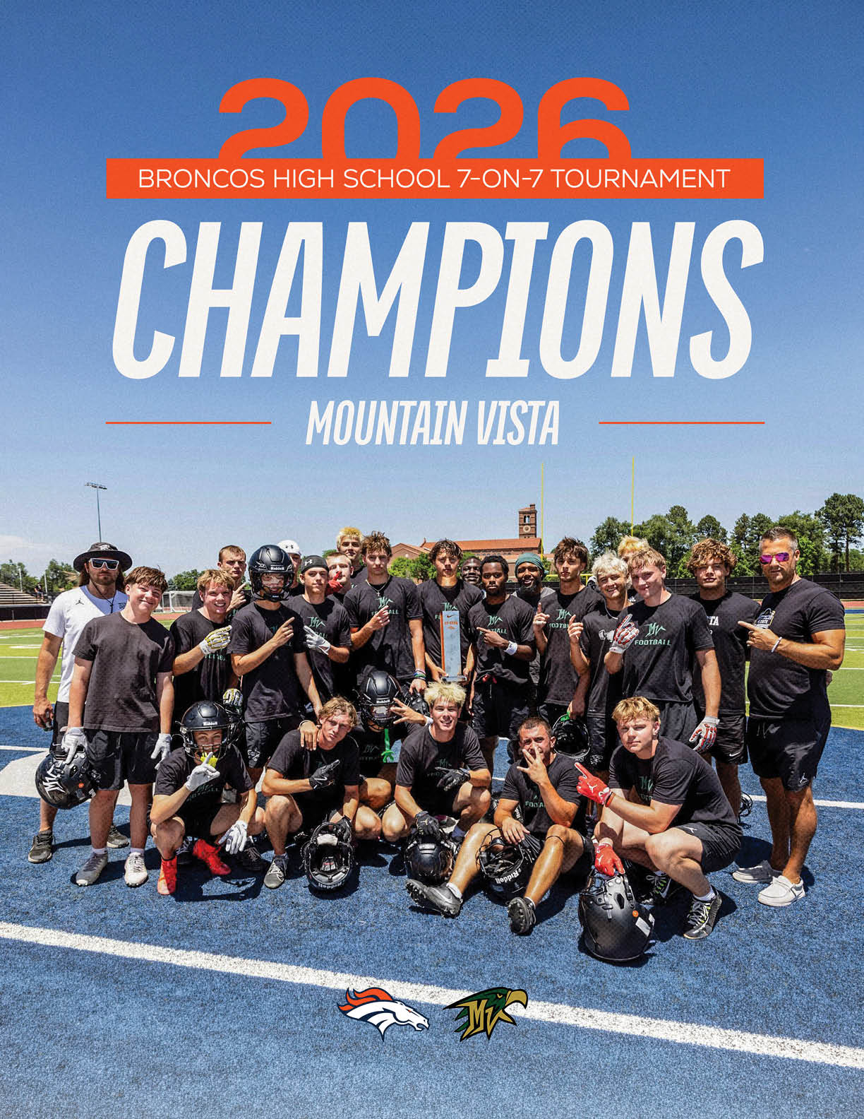 A group of adults in black athletic clothing pose on a football field holding a trophy with text above them celebrating their championship win in a 7 on 7 tournament. Description generated by AI