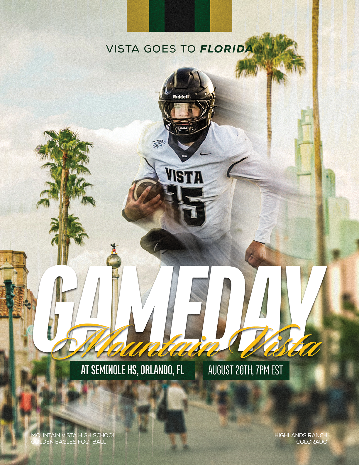 A person in a football uniform holding a ball is running with a blurred city street and palm trees in the background with text announcing a football game day event between Vista and Florida at Seminole HS in Orlando. Description generated by AI