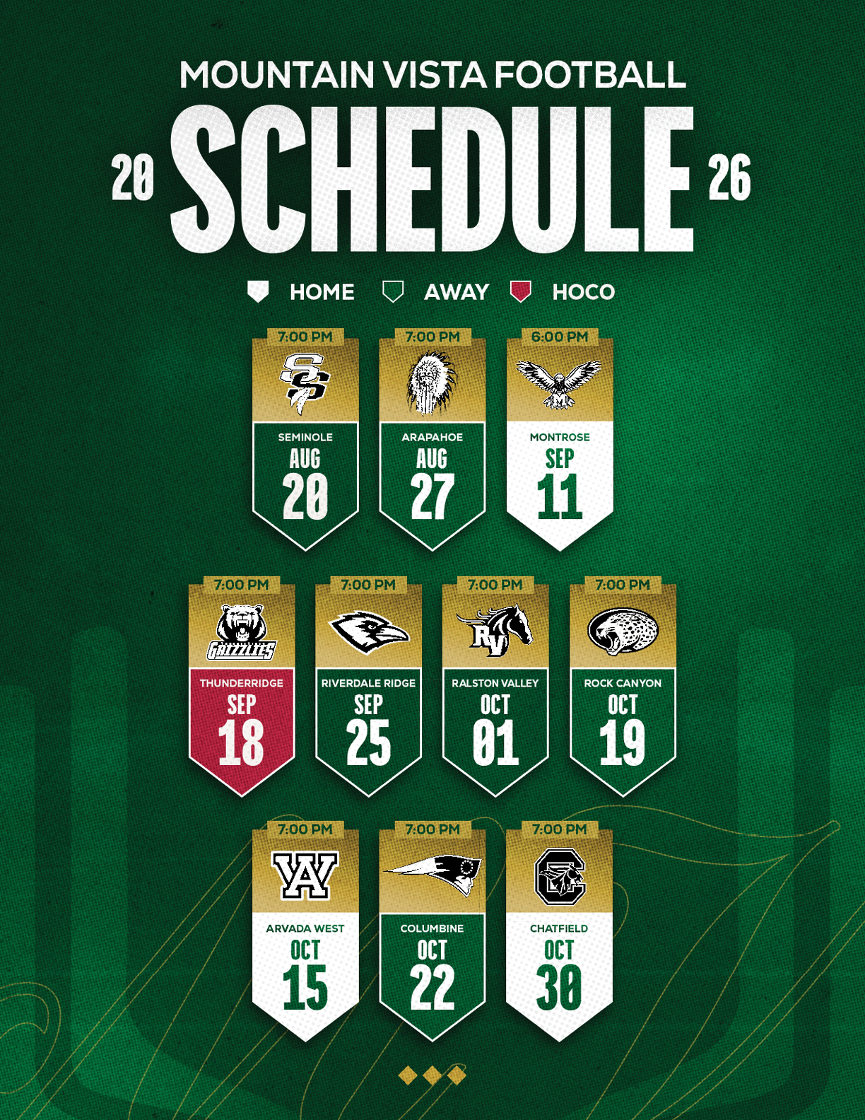 A football schedule for the Mountain Vista Football team. Description generated by AI
