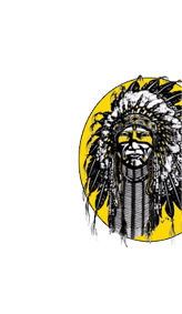 A detailed black and white illustration of a person wearing a traditional Native American feathered headdress set against a yellow circular background. Description generated by AI