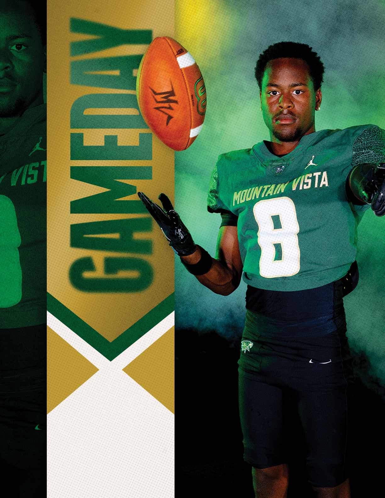 A person wearing a green football uniform with the number 8 is tossing a football in the air next to a vertical banner that says GAMEDAY. Description generated by AI