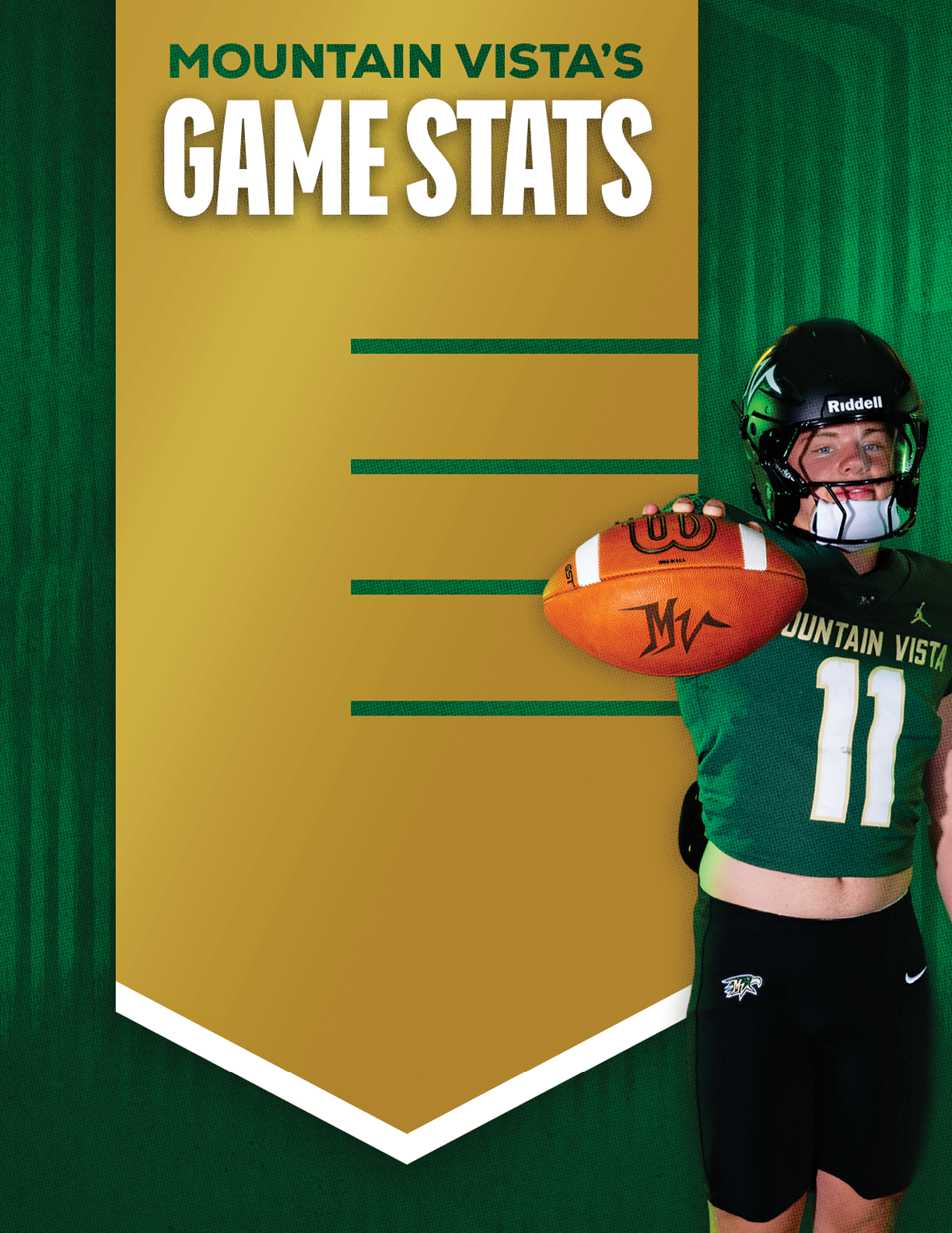 A person wearing a football uniform and helmet is holding a signed football in front of a green and gold banner that reads Mountain Vista's Game Stats. Description generated by AI