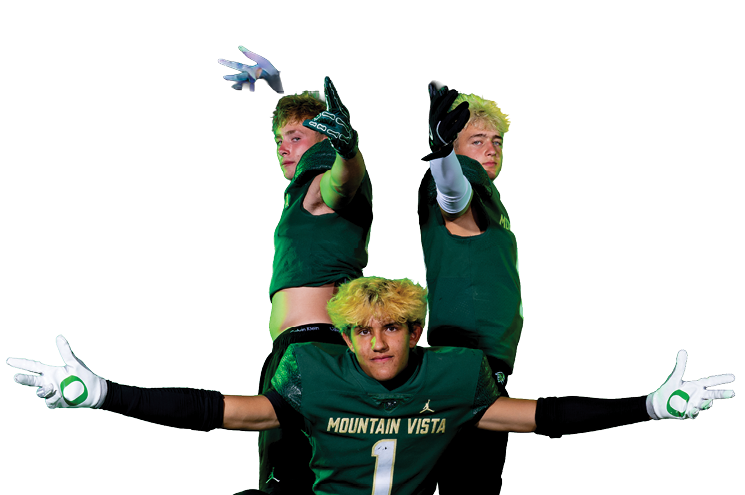 Three people in football uniforms with gloves pose dynamically with one crouching in front and two standing behind pointing upward. Description generated by AI