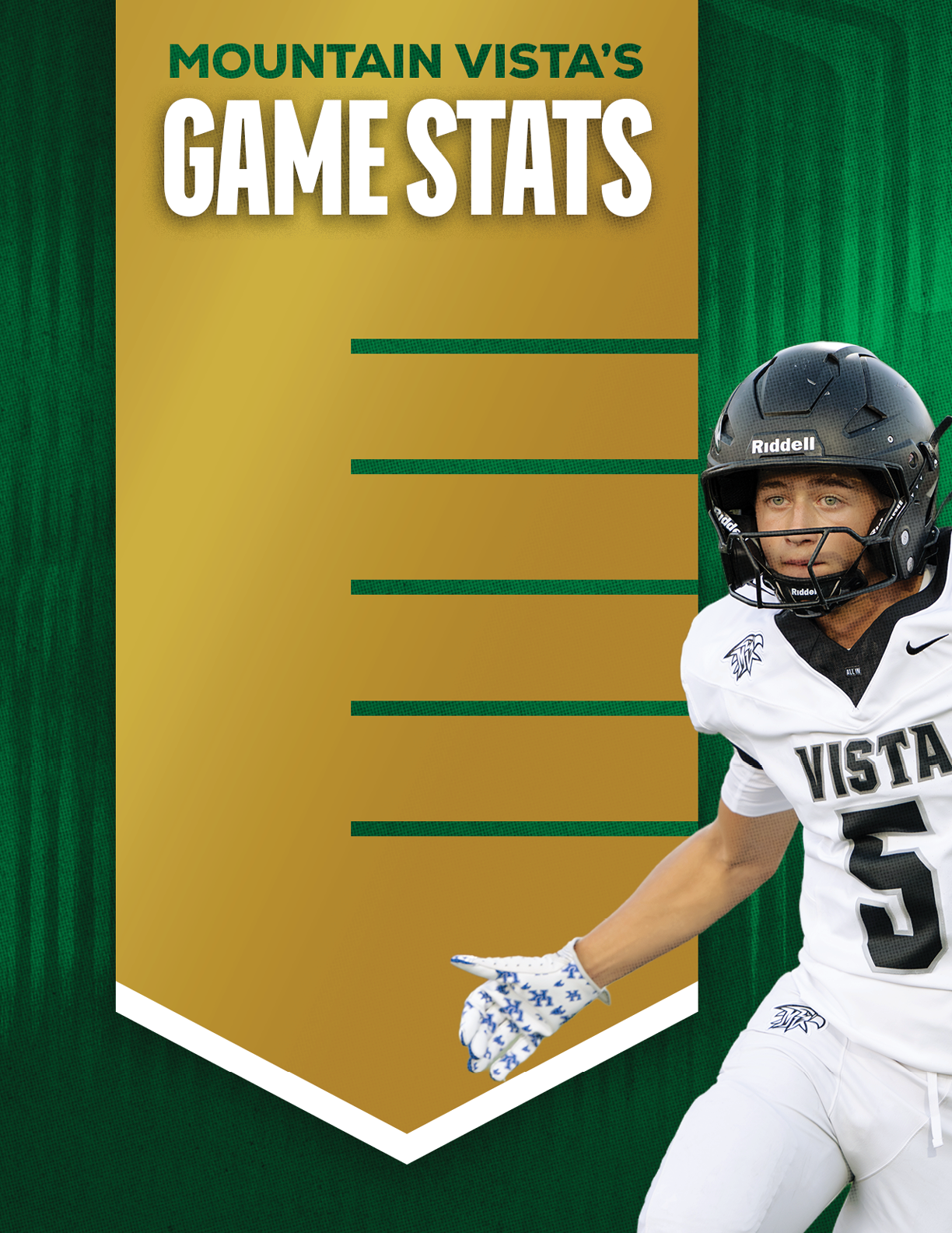 A person wearing a football uniform and helmet is positioned next to a gold banner with green text that reads Mountain Vista's Game Stats on a green background. Description generated by AI