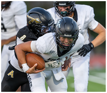 Two people in football uniforms are engaged in a play on a field, with one person holding the football tightly while the other attempts to tackle. Description generated by AI