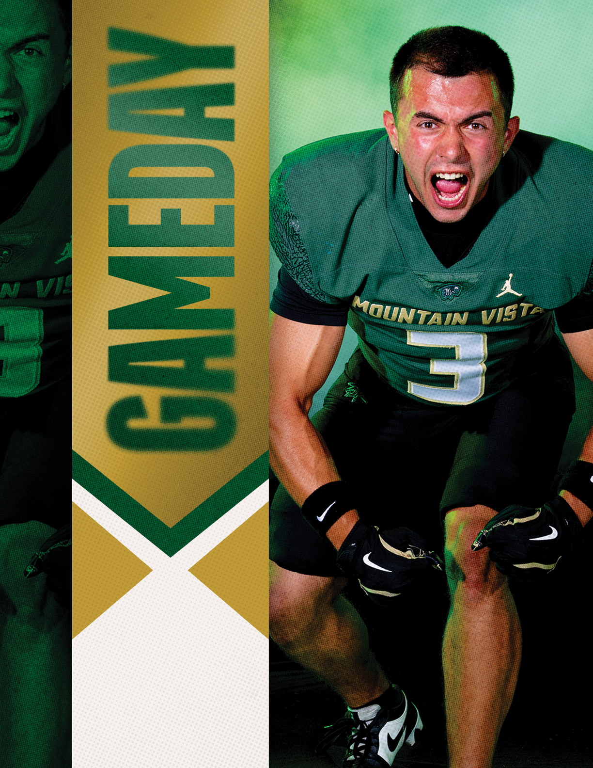 An adult in a green football uniform with the number three is crouching and shouting energetically next to a vertical banner that reads “GAMEDAY." Description generated by AI