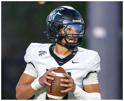 A person wearing a football helmet and white uniform is holding a football and looking to the side on a blurred outdoor field. Description generated by AI