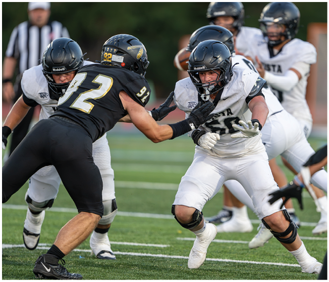Two people in football uniforms are engaged in a play on a field with one person in white attempting to evade the other person in black who is reaching out with an arm. Description generated by AI
