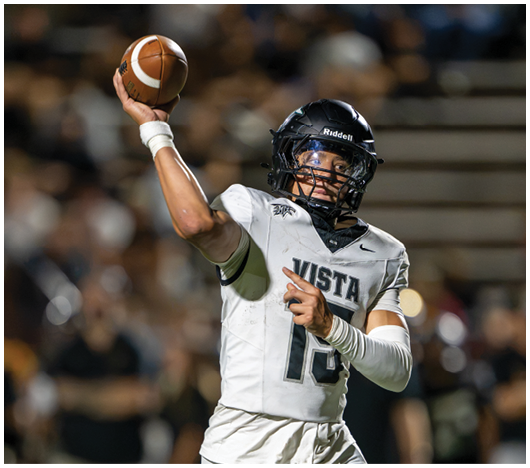 A person wearing a football uniform and helmet is preparing to throw a football during a game. Description generated by AI