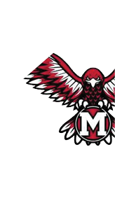 A stylized red and white hawk with outstretched wings is clutching a circular emblem featuring a large white letter M on a red background. Description generated by AI