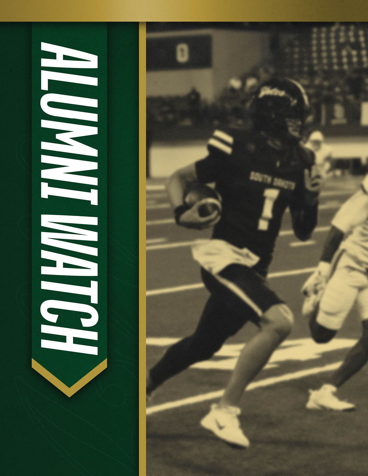 A person wearing a football uniform with the number one is running on a field while holding a football, with another person in a white uniform nearby and a green banner on the left side reading “ALUMNI WATCH." Description generated by AI
