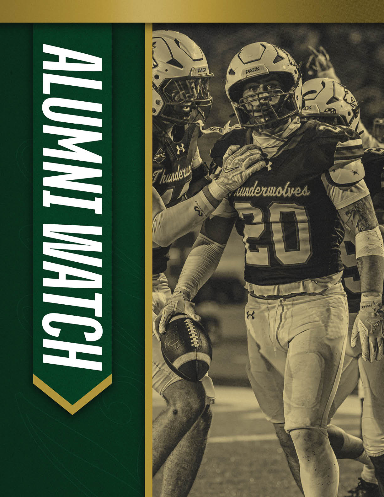 Three people in football uniforms are celebrating on a field with one holding a football and the text “ALUMNI WATCH" displayed vertically on a green banner to the left. Description generated by AI