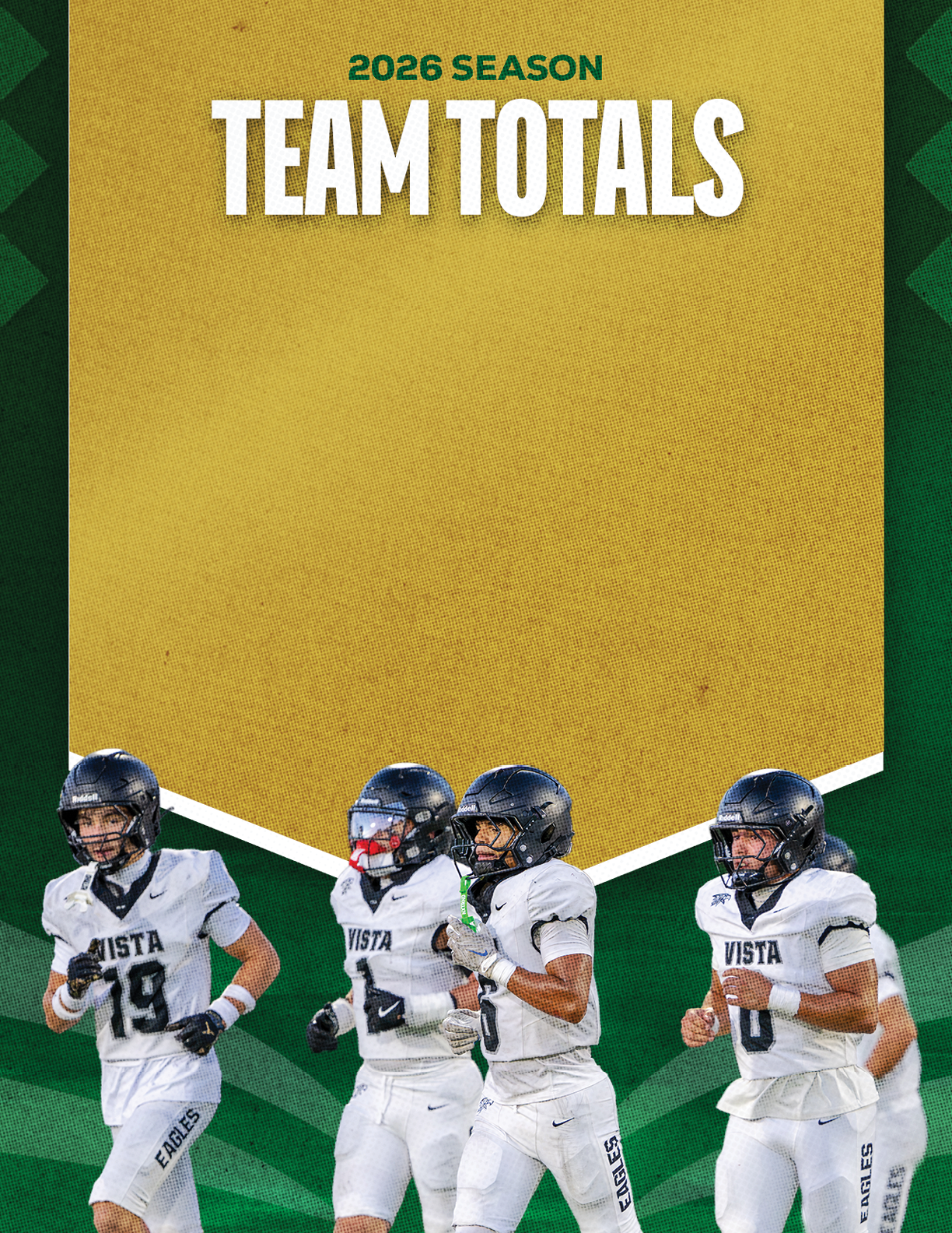 Four people in white sports uniforms and helmets are running on a green field beneath a gold banner that reads 2026 season team totals. Description generated by AI