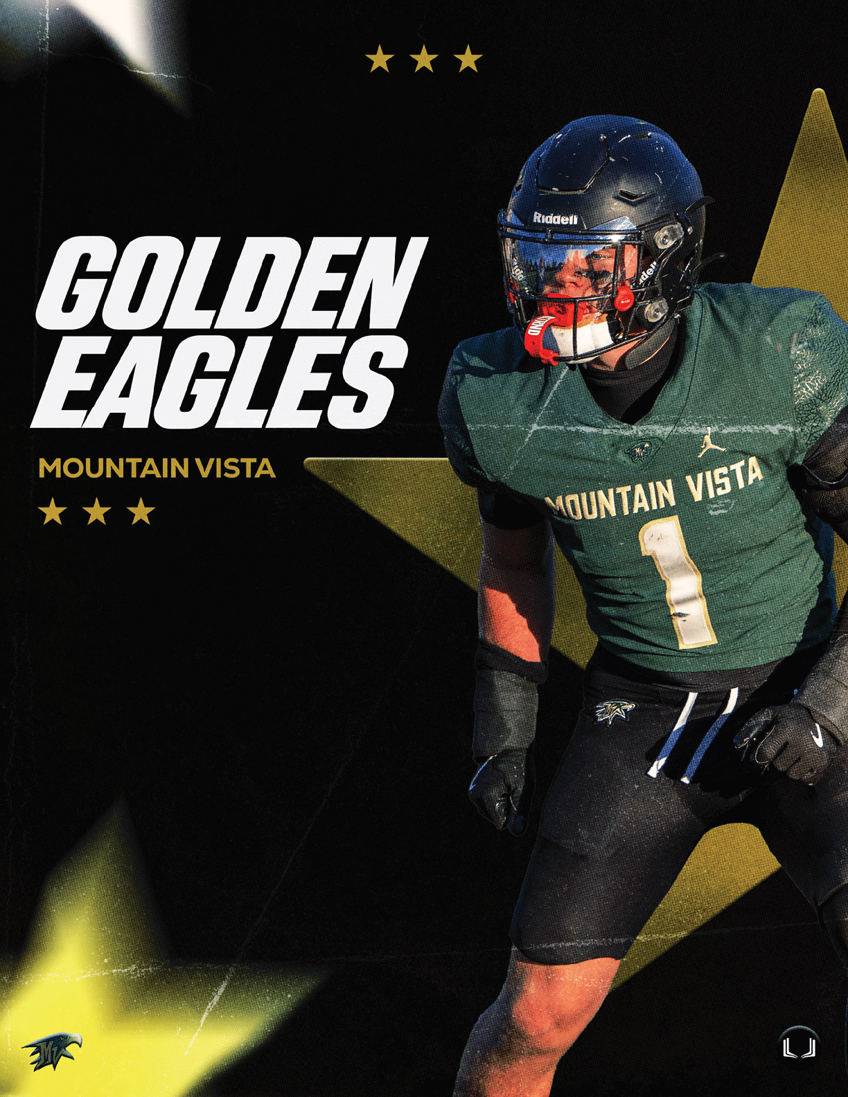 A person in a green football uniform with the number one and a black helmet is in a ready stance with the text “Golden Eagles Mountain Vista" and star graphics on a black and yellow background. Description generated by AI